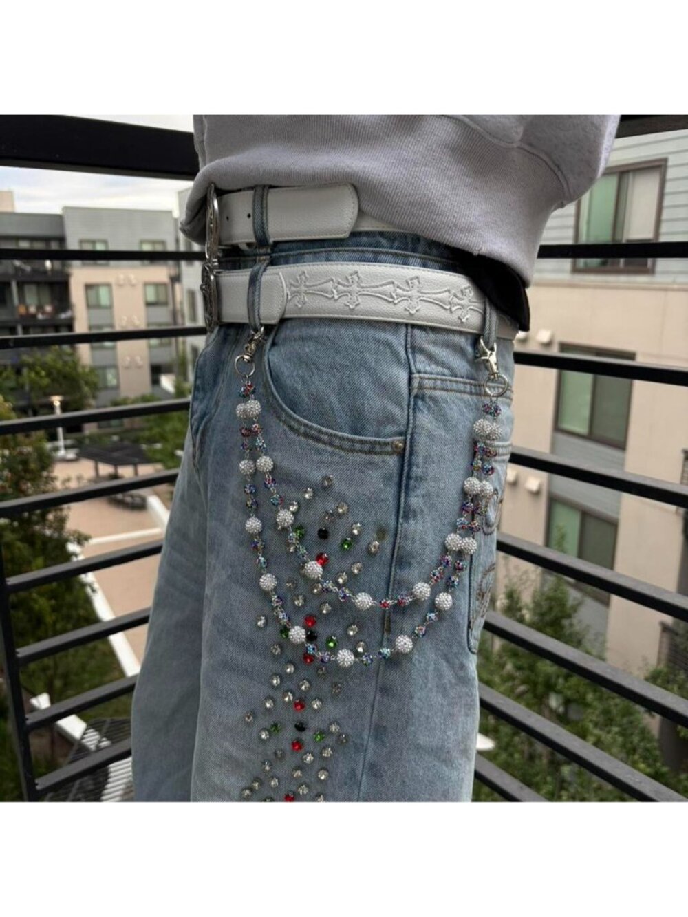 Really tuff white with multicolor beaded pant chain, super shiny in person